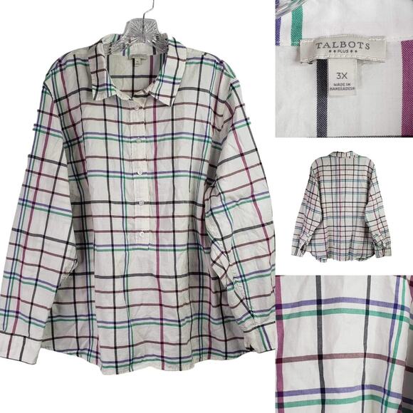 Talbots Shirt Button Up White Plaid Print LS Shirt Womens Plus Size 3X Cotton - Picture 1 of 9